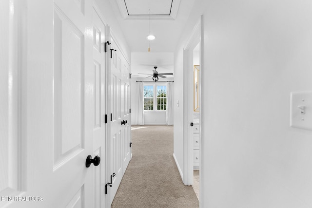 hallway featuring light colored carpet