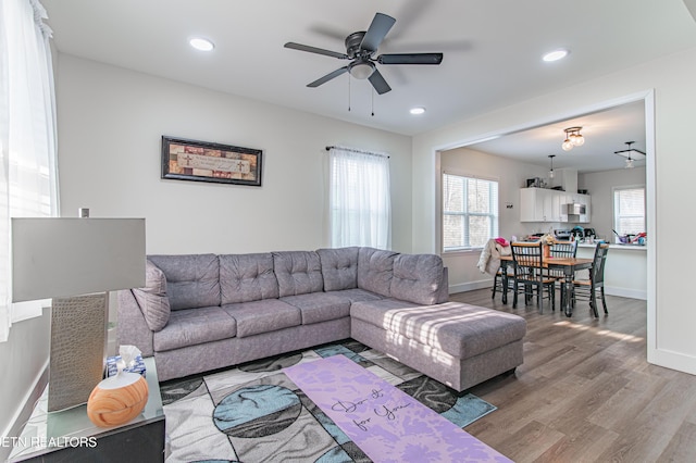 living room with ceiling fan and light hardwood / wood-style floors