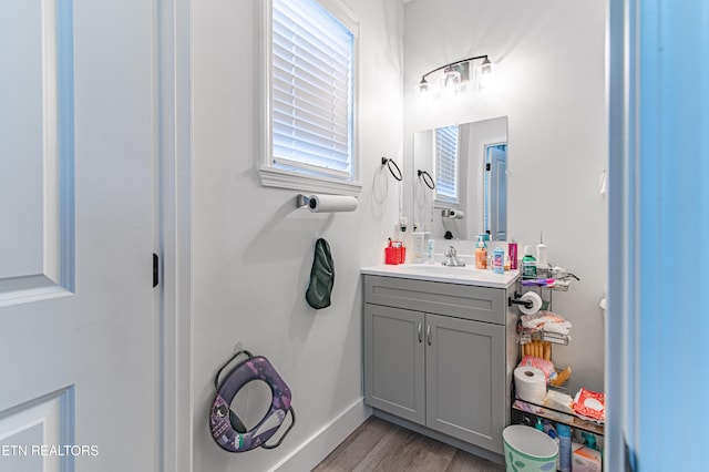 bathroom featuring vanity and hardwood / wood-style floors