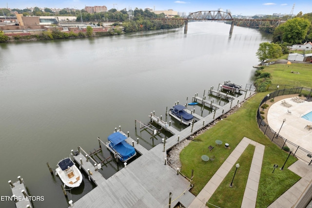 birds eye view of property featuring a water view