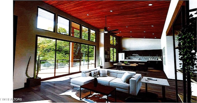 sunroom featuring wood ceiling and ceiling fan