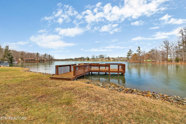 dock area with a yard and a water view