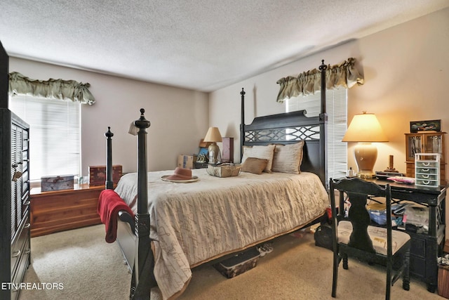 carpeted bedroom with a textured ceiling