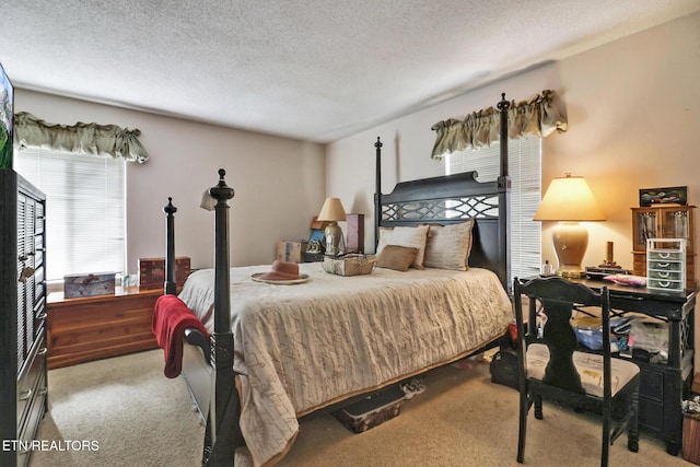 carpeted bedroom with a textured ceiling