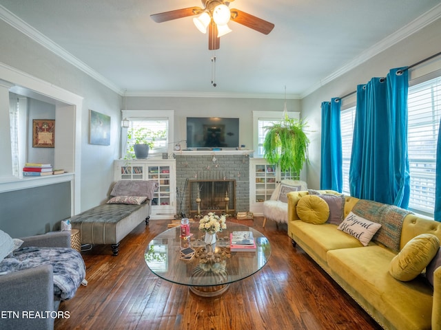 living room featuring dark wood-type flooring, crown molding, and a wealth of natural light