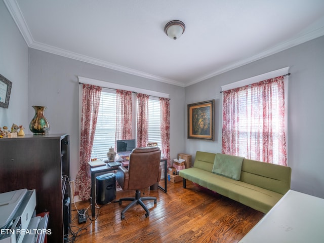 home office featuring ornamental molding and dark hardwood / wood-style floors