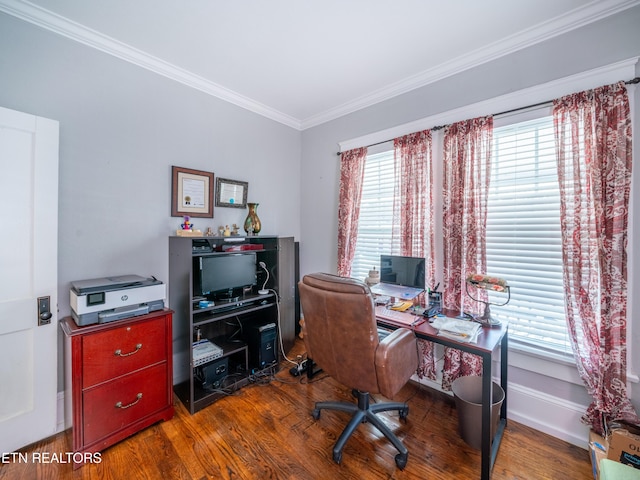 office area with hardwood / wood-style floors and ornamental molding