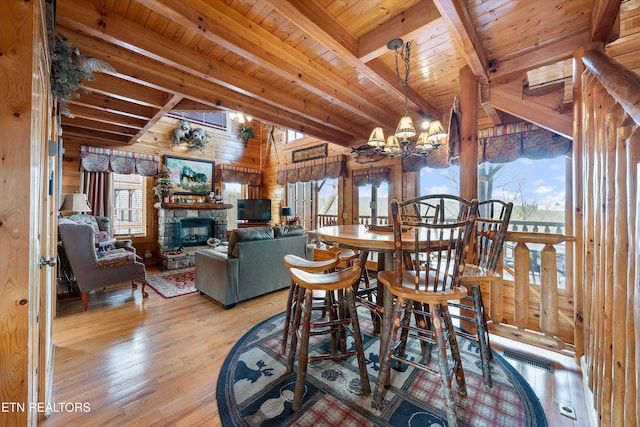 dining room featuring wood ceiling, a healthy amount of sunlight, a fireplace, and light hardwood / wood-style flooring