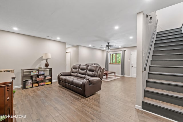 1731 Vonore Rd, Loudon, TN 37774 - living room featuring stairway, baseboards, light wood-style flooring, recessed lighting, and ceiling fan