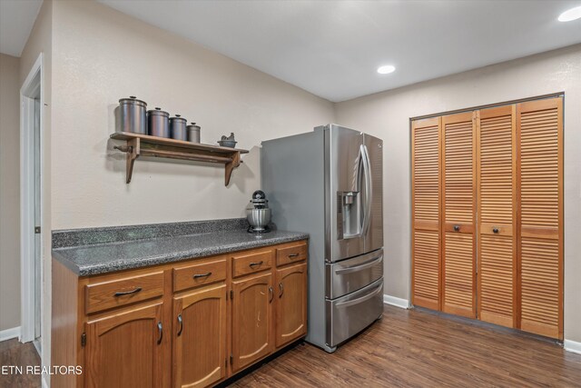 1731 Vonore Rd, Loudon, TN 37774 - kitchen with open shelves, stainless steel fridge with ice dispenser, dark countertops, dark wood finished floors, and recessed lighting