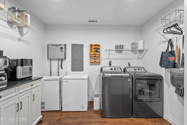1731 Vonore Rd, Loudon, TN 37774 - laundry area with electric panel, washer and dryer, cabinet space, and dark wood finished floors