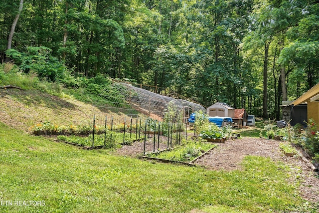 1731 Vonore Rd, Loudon, TN 37774 - view of green lawn featuring a vegetable garden and a wooded view