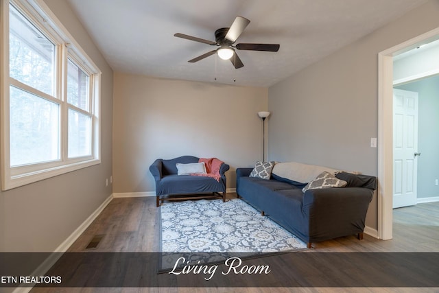 living room featuring hardwood / wood-style flooring and ceiling fan