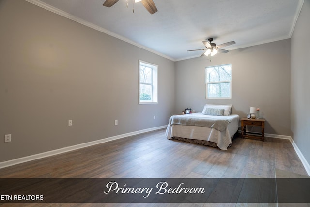 bedroom with ornamental molding, dark hardwood / wood-style floors, and ceiling fan