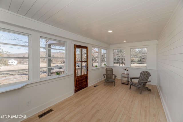 sunroom with wood ceiling