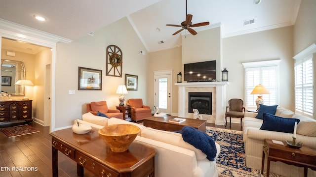 living room with a fireplace, ornamental molding, and dark hardwood / wood-style flooring