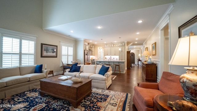 living room featuring ornamental molding and dark hardwood / wood-style floors