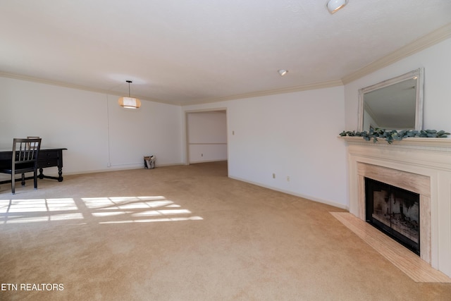 carpeted living room with crown molding and a premium fireplace