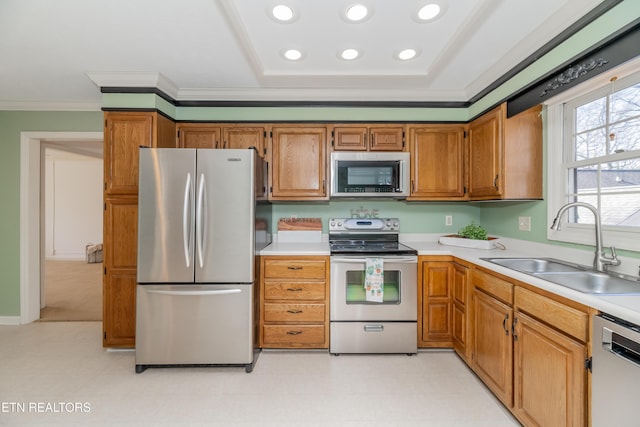 kitchen featuring sink, a tray ceiling, ornamental molding, and appliances with stainless steel finishes