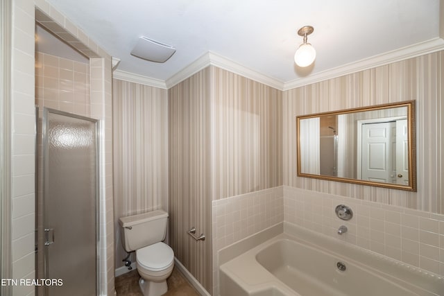 bathroom with crown molding, plus walk in shower, and toilet