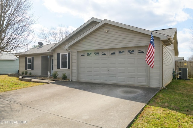 single story home featuring a garage, central AC, and a front yard