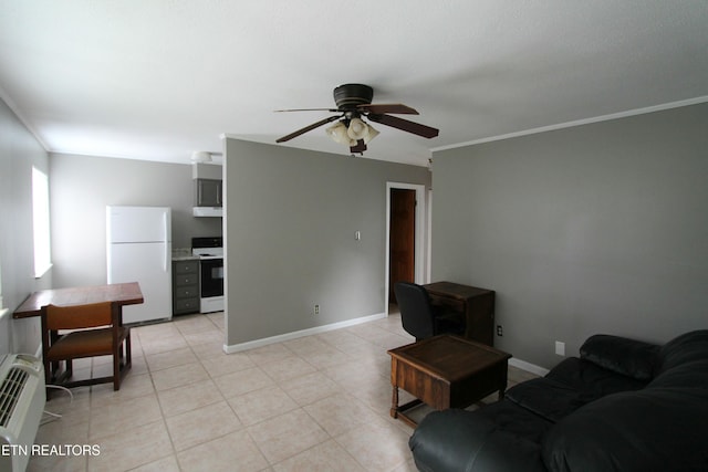 tiled living room featuring a wall mounted air conditioner, ornamental molding, and ceiling fan