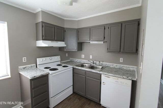 kitchen with sink, white appliances, gray cabinets, and dark wood-type flooring