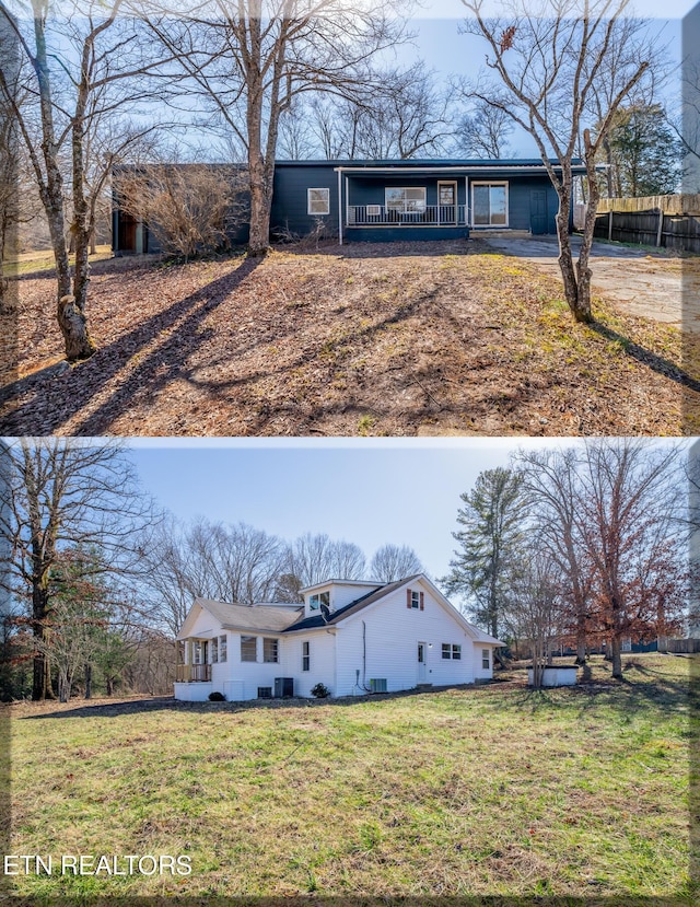 view of front of home with central AC and a front lawn