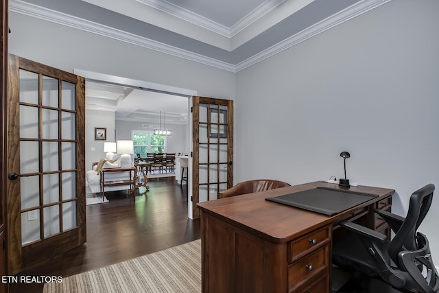 office area featuring french doors, ornamental molding, and dark hardwood / wood-style floors