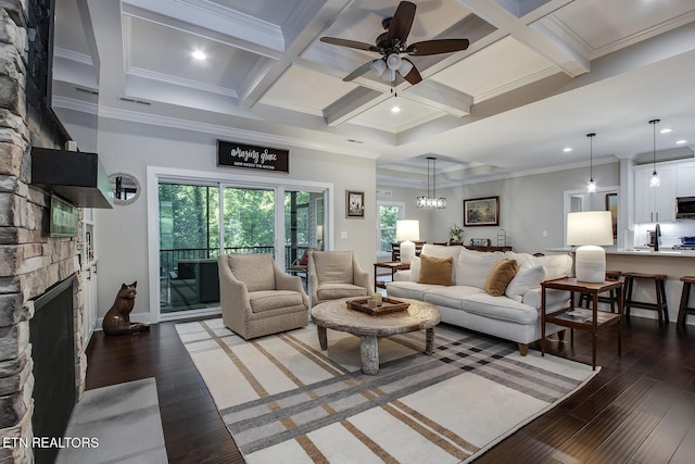 living room with coffered ceiling, dark hardwood / wood-style flooring, and beam ceiling