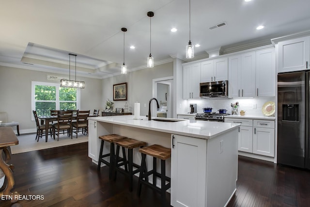 kitchen featuring pendant lighting, appliances with stainless steel finishes, white cabinetry, a tray ceiling, and a center island with sink