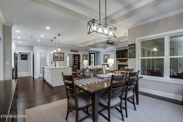 dining area with ceiling fan, ornamental molding, dark hardwood / wood-style floors, and a fireplace