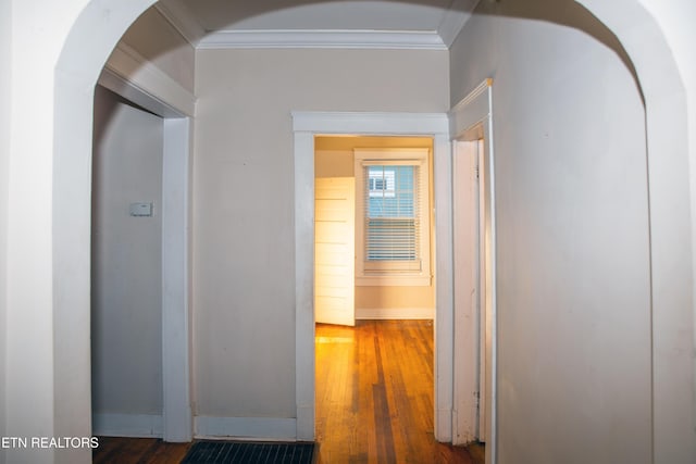 hallway with crown molding and dark hardwood / wood-style flooring