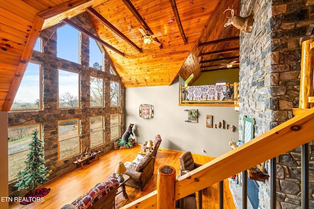 interior space with wood ceiling, wood-type flooring, beam ceiling, and high vaulted ceiling