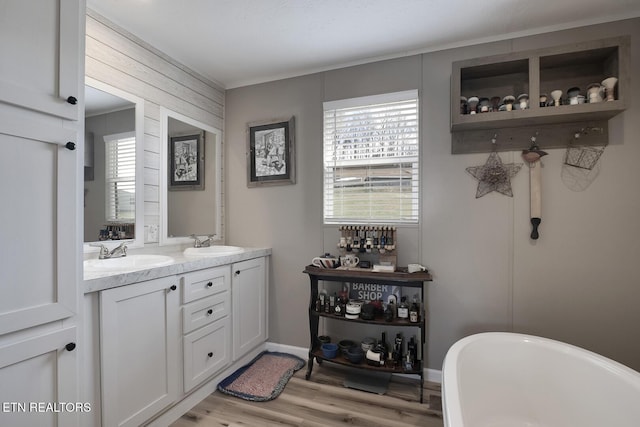 bathroom featuring a healthy amount of sunlight, a tub to relax in, hardwood / wood-style floors, and vanity