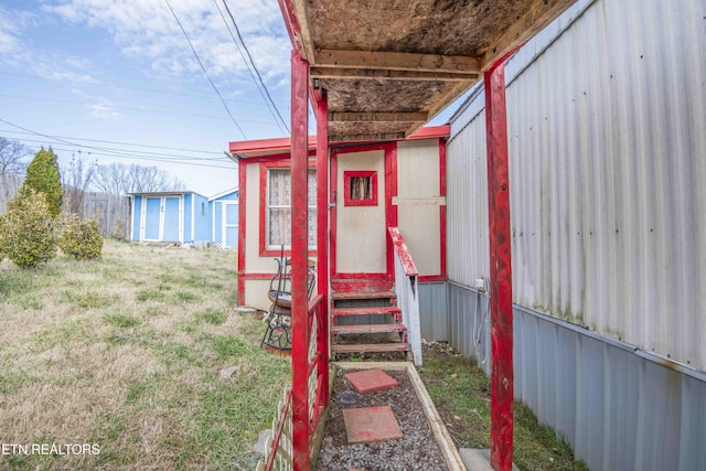 exterior space featuring a storage unit