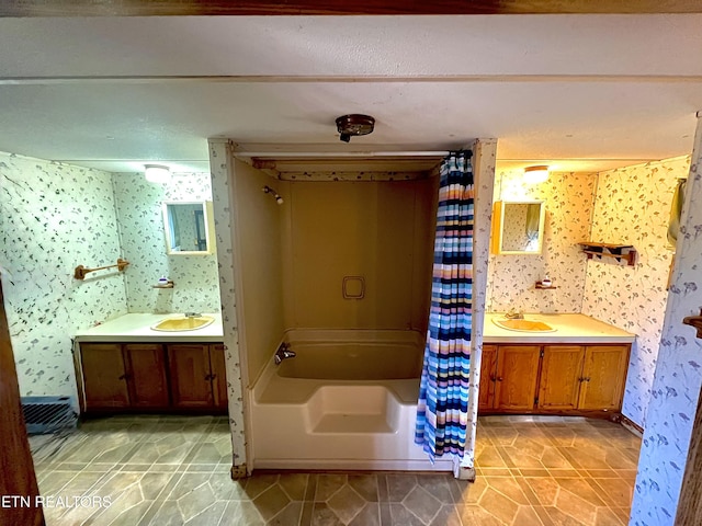 bathroom with vanity and shower / bathtub combination with curtain