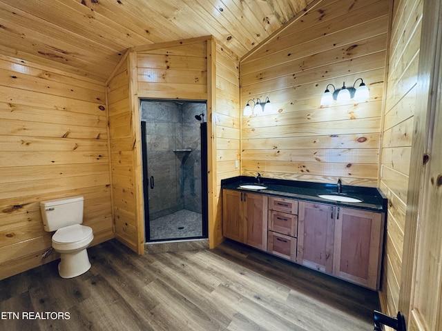 bathroom featuring vaulted ceiling, wood-type flooring, an enclosed shower, and wooden walls