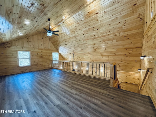 bonus room with high vaulted ceiling, wood walls, ceiling fan, dark wood-type flooring, and wooden ceiling