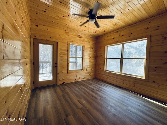 empty room featuring dark hardwood / wood-style floors, wooden ceiling, ceiling fan, and wood walls