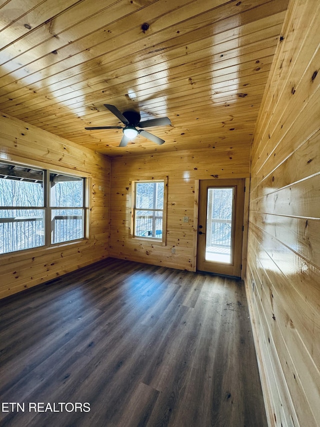 interior space with plenty of natural light, dark hardwood / wood-style floors, and wooden walls