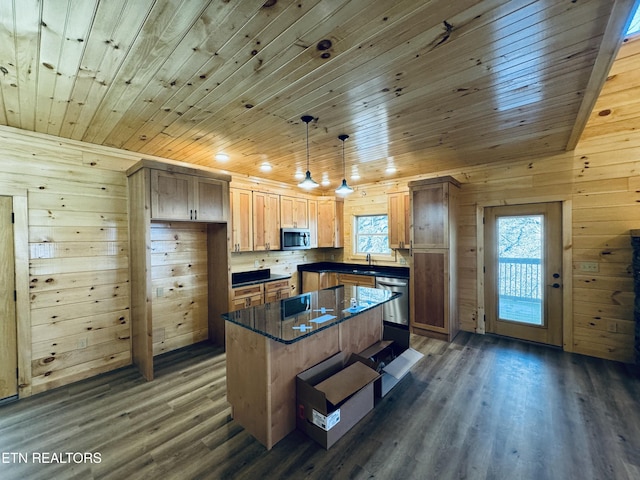 kitchen with wood ceiling, stainless steel appliances, a kitchen island, dark hardwood / wood-style flooring, and decorative light fixtures