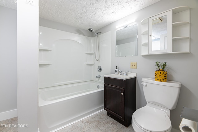 full bathroom featuring toilet, a textured ceiling, shower / washtub combination, vanity, and tile patterned flooring