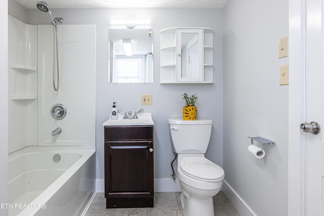 full bathroom with shower / bath combination, vanity, a textured ceiling, tile patterned floors, and toilet