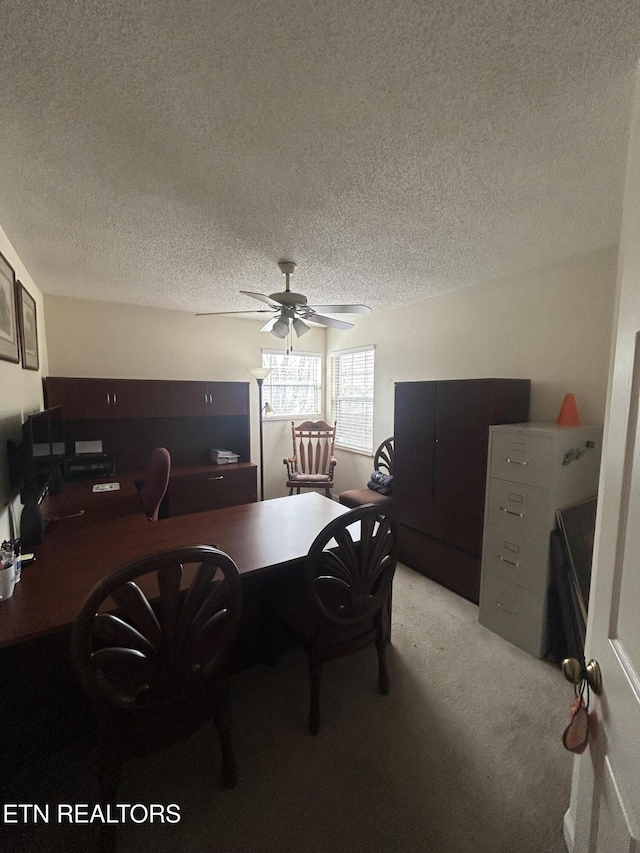 carpeted office with a textured ceiling and ceiling fan