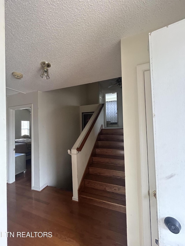 staircase with wood-type flooring and a textured ceiling