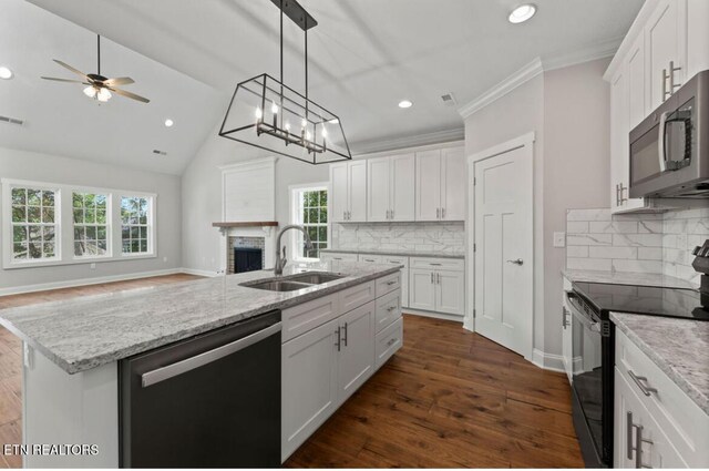 295 Caulderwood Ln, Lenoir City, TN 37771 - kitchen with stainless steel microwave, black / electric stove, a sink, dishwashing machine, and open floor plan