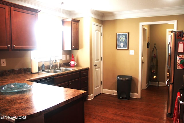 kitchen with black dishwasher, sink, stainless steel fridge, crown molding, and dark wood-type flooring