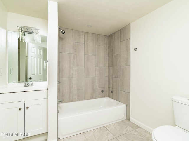 full bathroom featuring tiled shower / bath combo, vanity, tile patterned flooring, and toilet