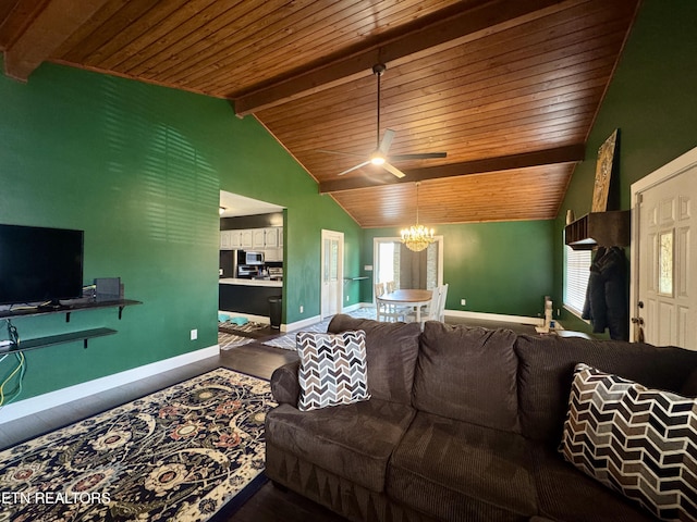 living room featuring wood ceiling, ceiling fan with notable chandelier, and vaulted ceiling with beams